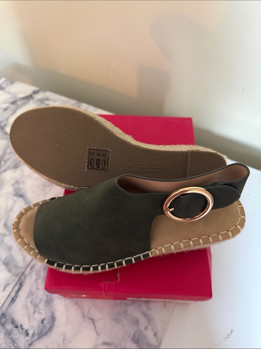 Catherine Malandrino Olive Green Open-Toe Espadrille Sandals with Gold Buckle - Picture 3 of 6